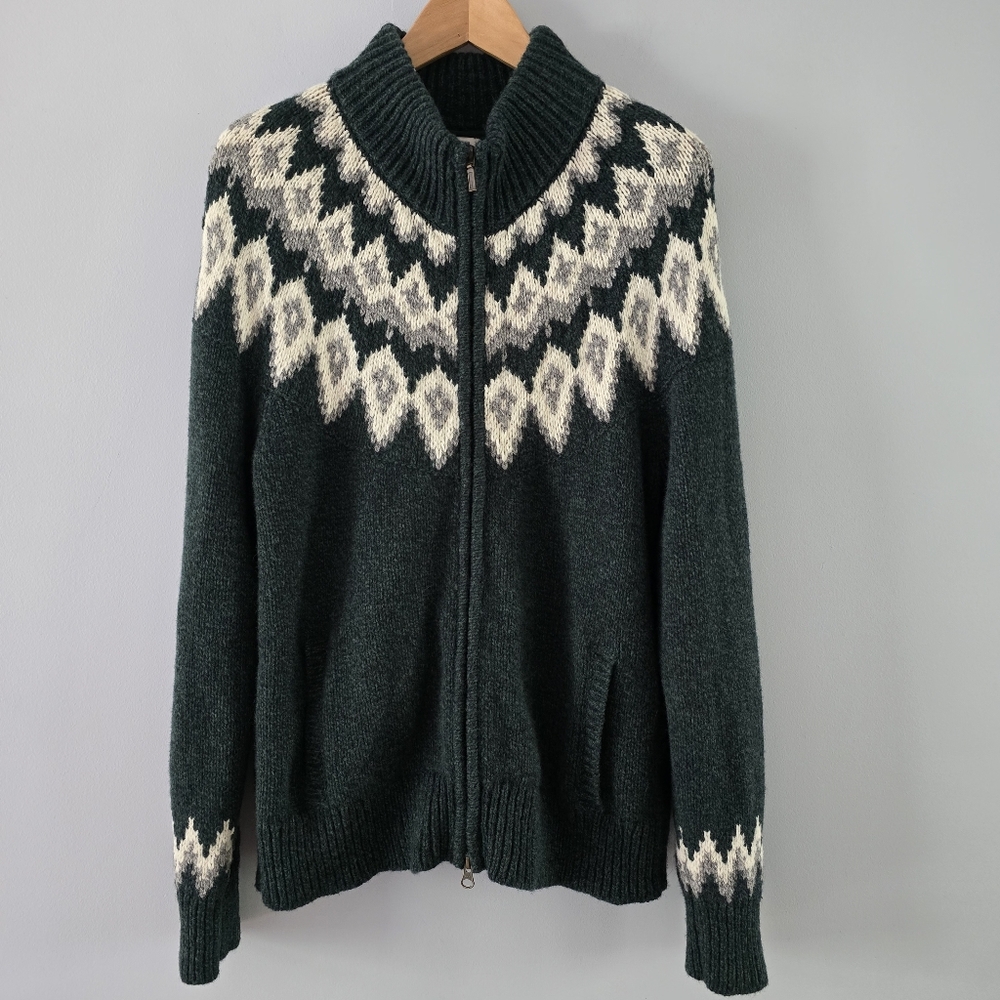L.L. Bean Green 100% Lambswool Fair Isle Two-way Zip Cardigan Size L